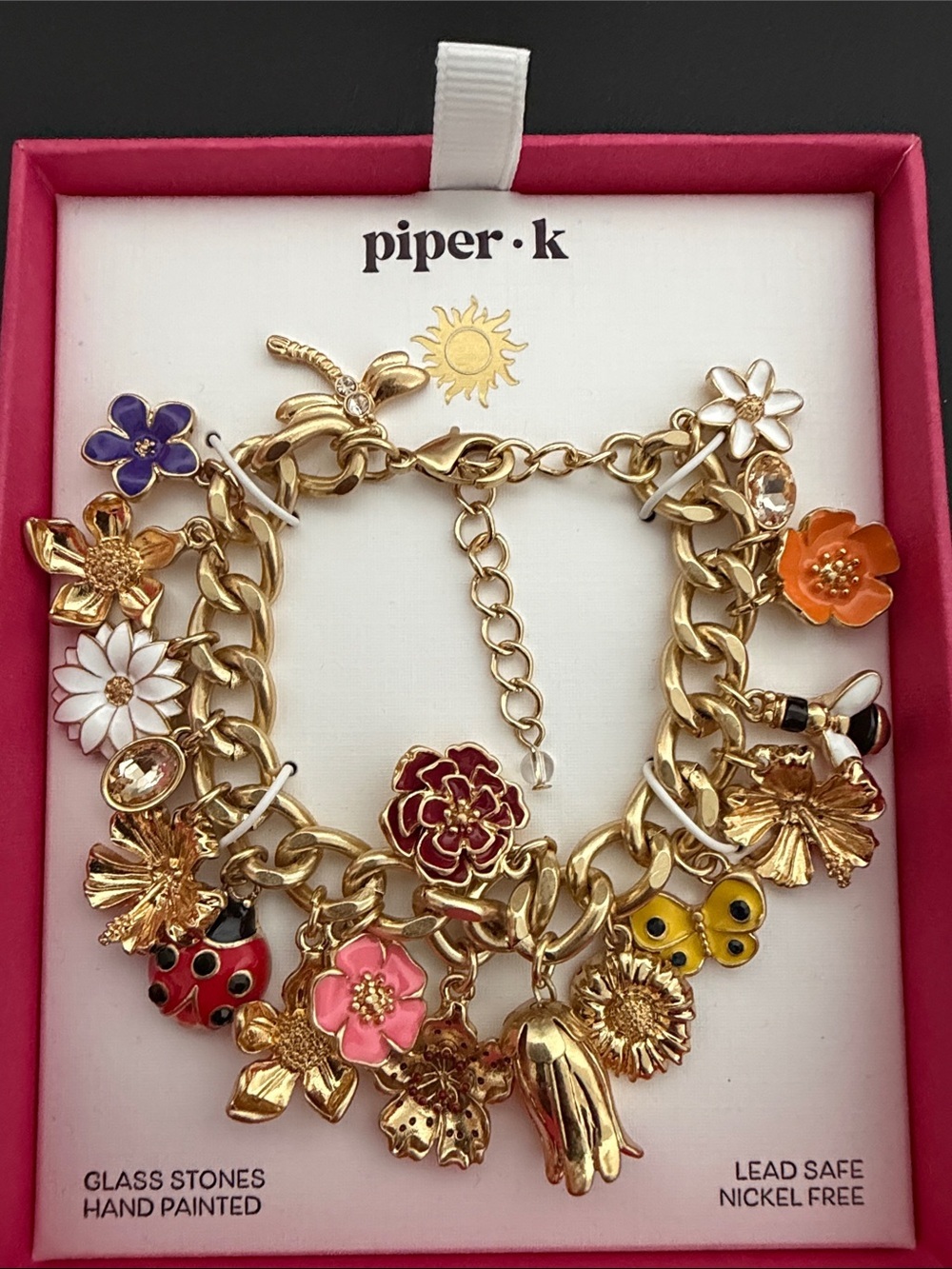 Piper K | Gold Tone Adjustable Lady Bug Bee Flower Charm Bracelet 🐞🌸🌷🦋 - Picture 4 of 12